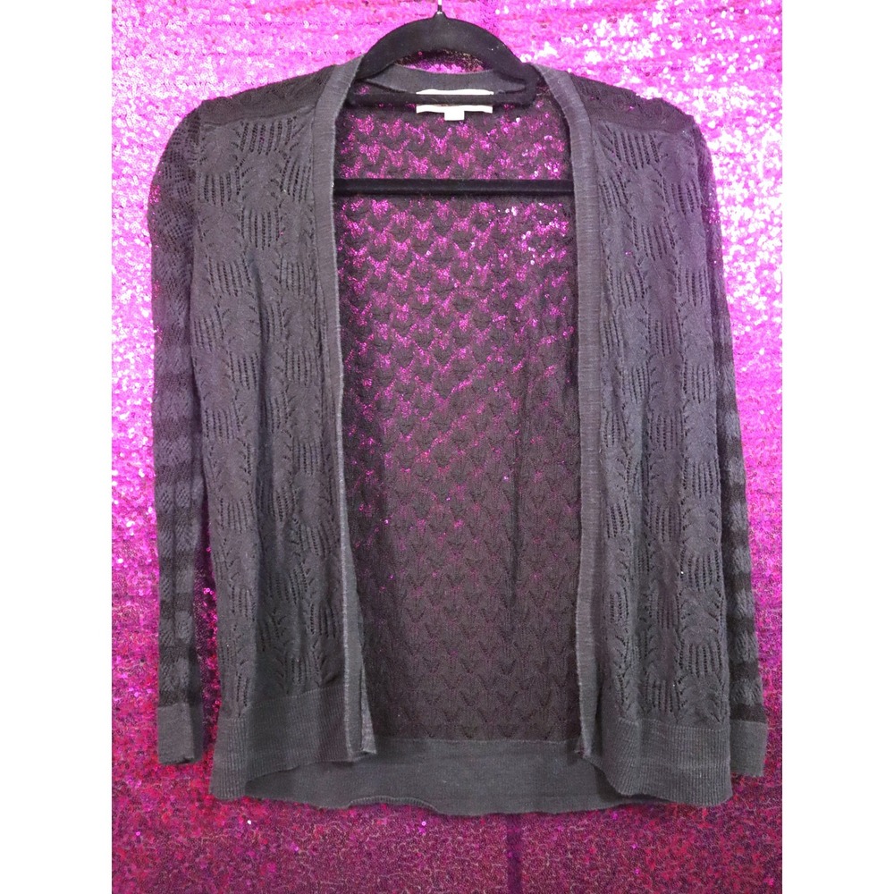 Black Cardigan XS Ann Taylor LOFT Women Pointelle Lace Open Front Knit Sweater